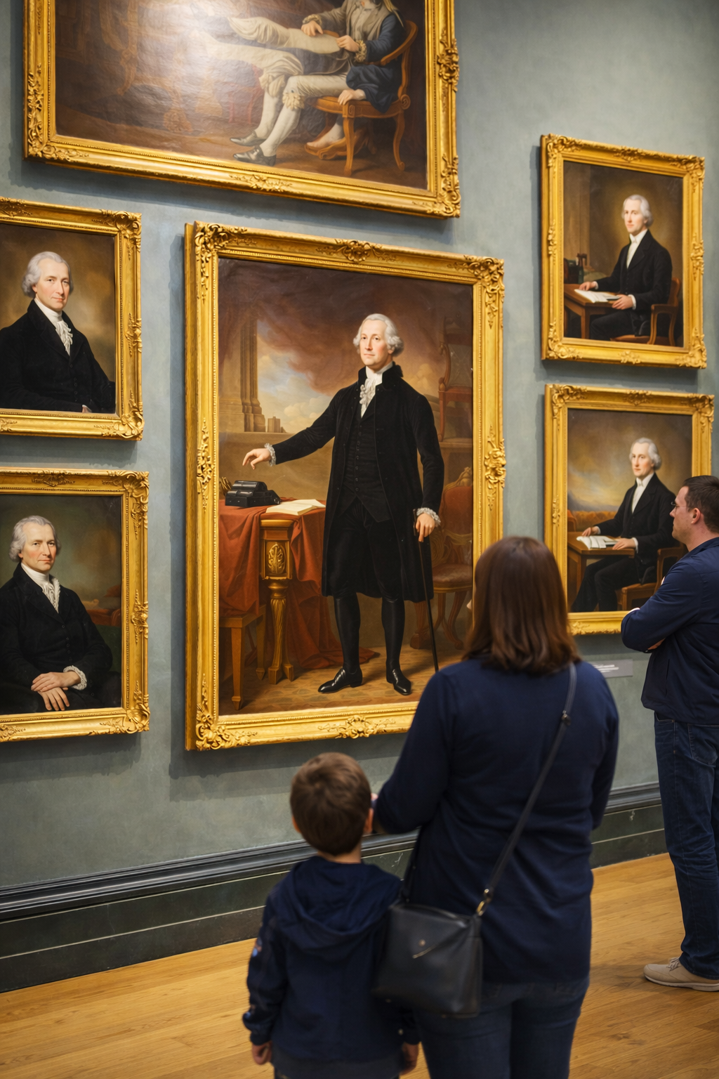 Museum gallery with framed paintings